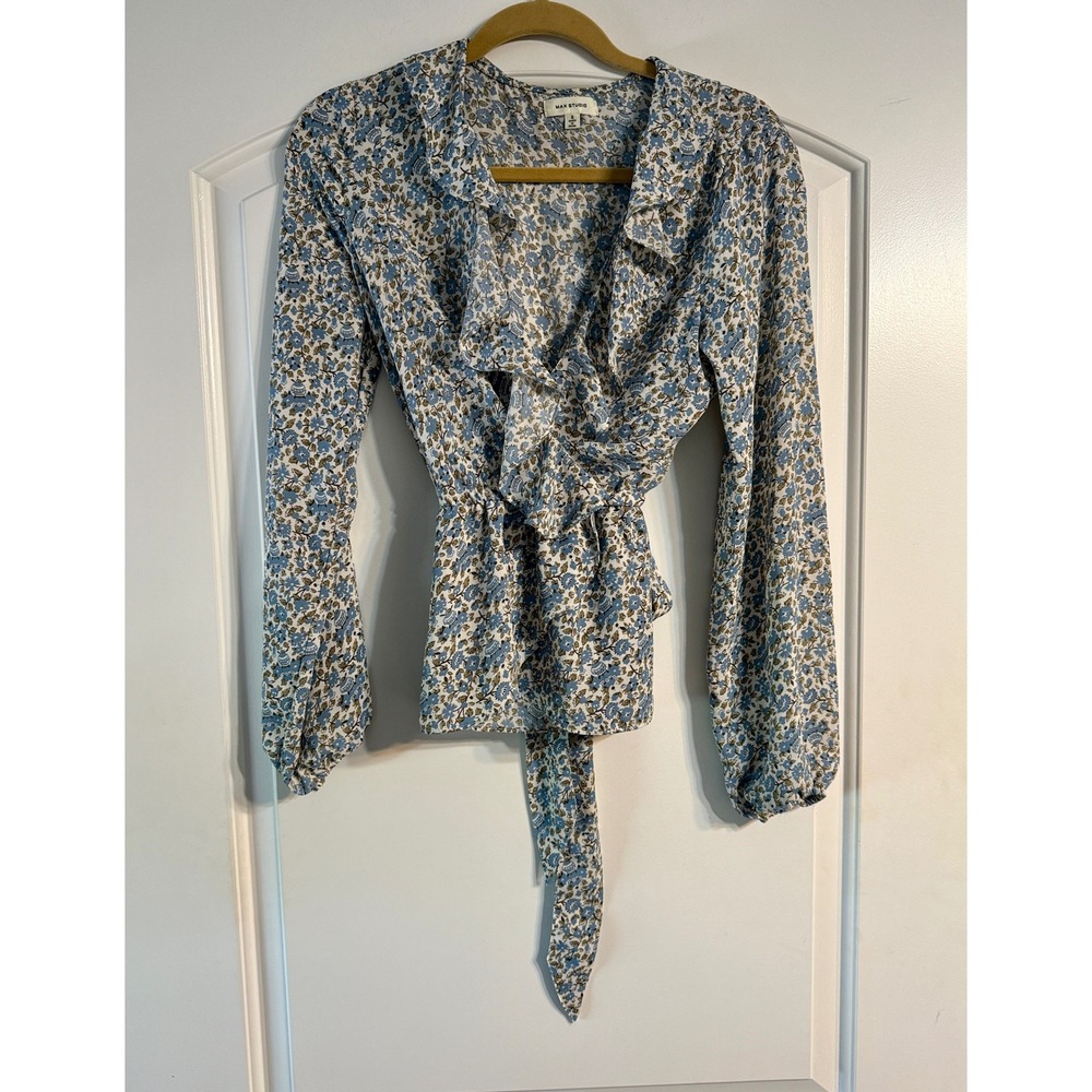 Max Studio Floral Blouse Women Small Blue Ruffle Wrap Peplum